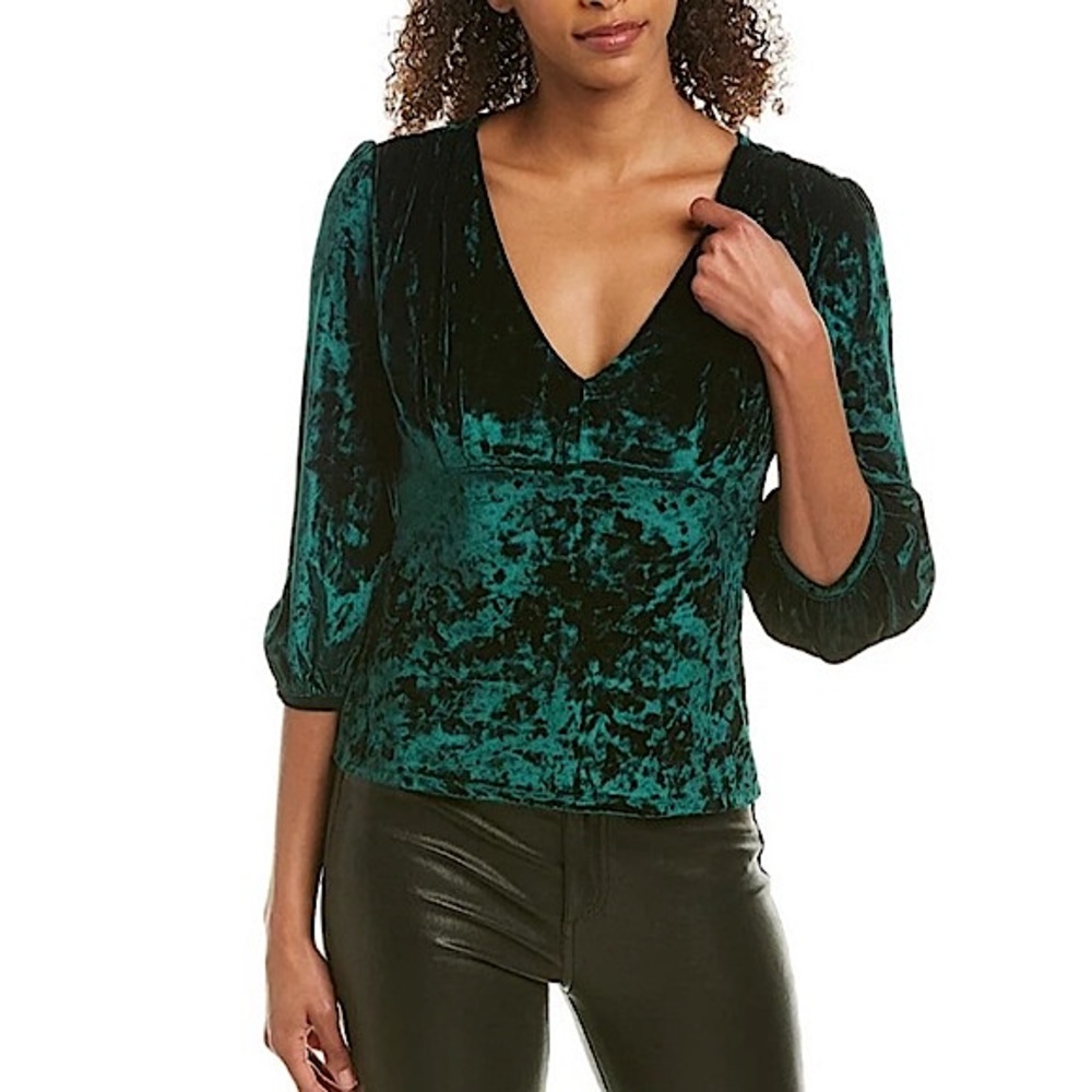 BB Dakota Deep Feelings Puff Sleeve Crushed Velvet Top Winter Green Medium